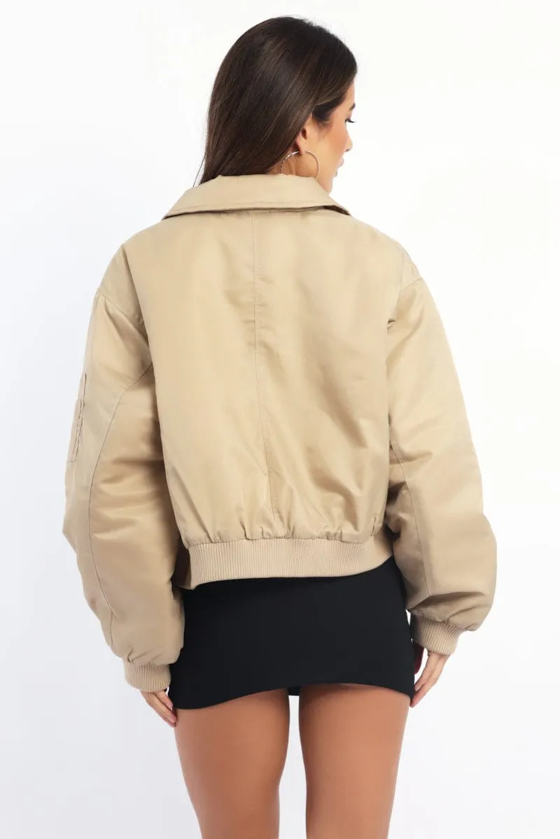 Beige Bomber Jacket Collared