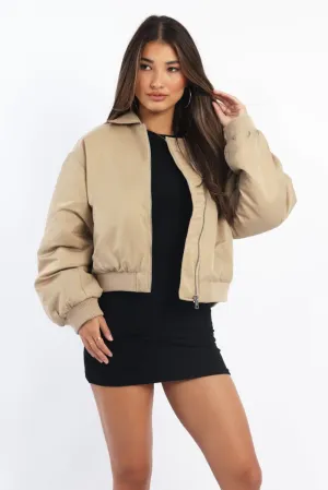 Beige Bomber Jacket Collared
