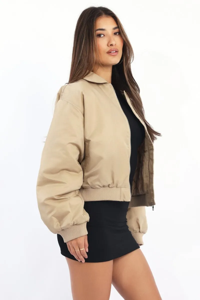 Beige Bomber Jacket Collared