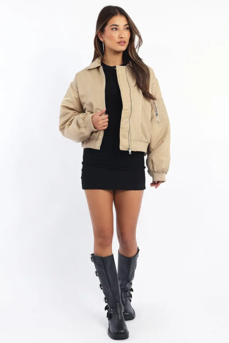 Beige Bomber Jacket Collared