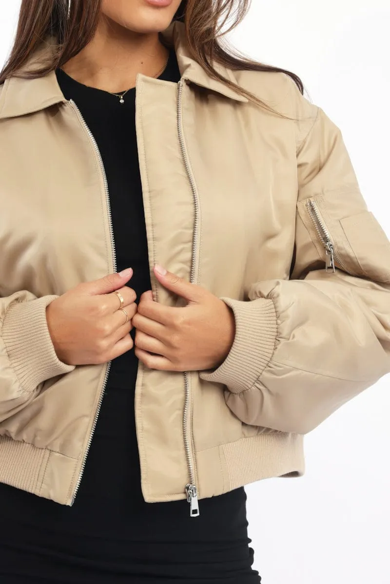 Beige Bomber Jacket Collared