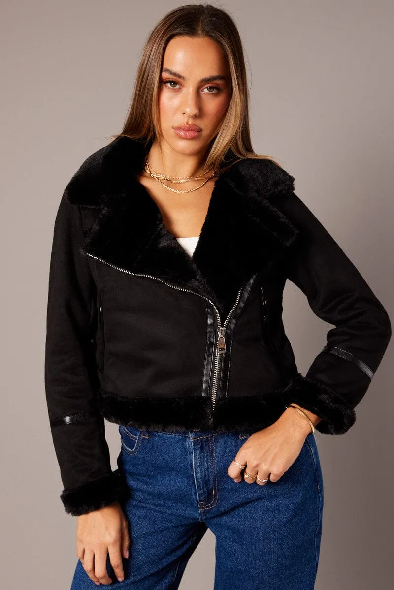 Black Aviator Jacket Long Sleeve Faux Leather