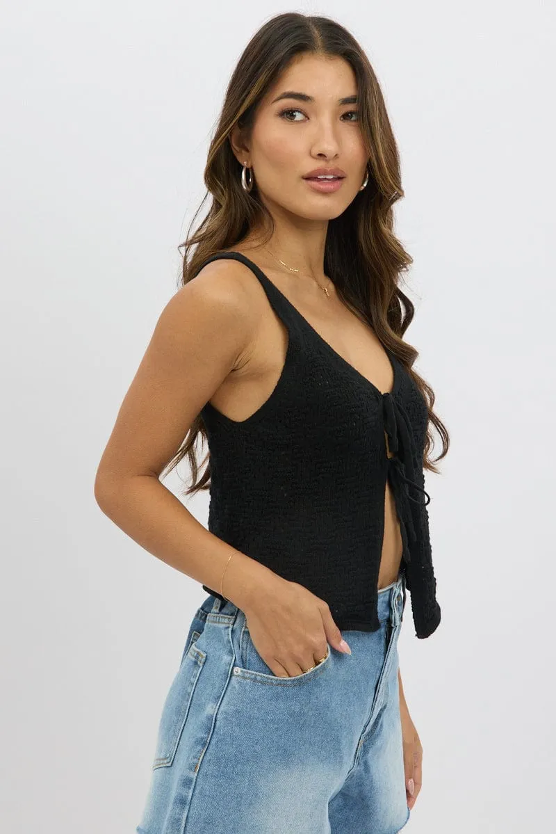 Black Crochet Knit Vest Tie Up