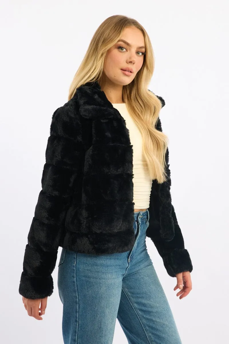 Black Faux Fur Jacket With Lapel Collar