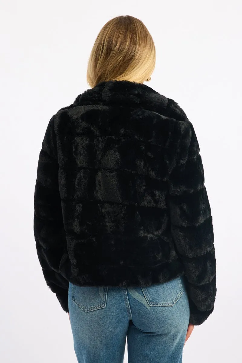 Black Faux Fur Jacket With Lapel Collar