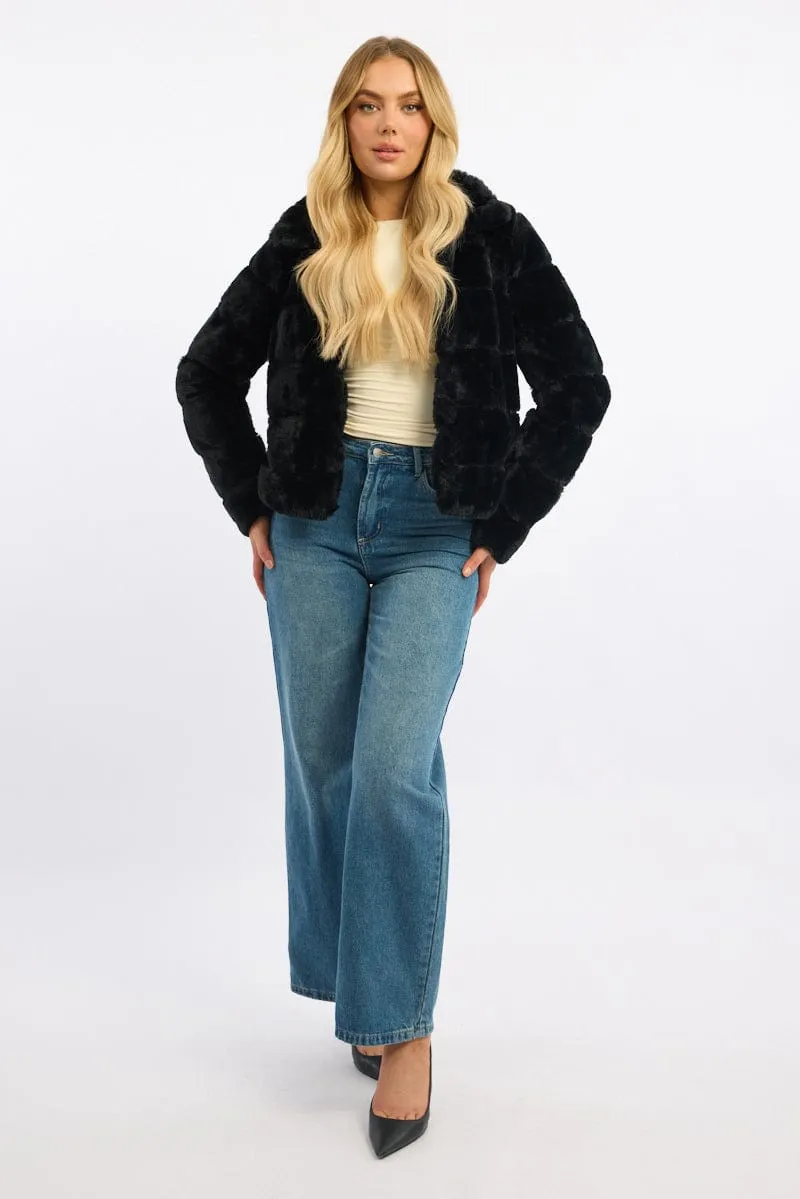 Black Faux Fur Jacket With Lapel Collar