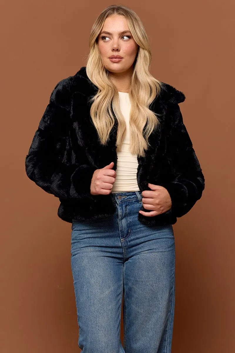 Black Faux Fur Jacket With Lapel Collar