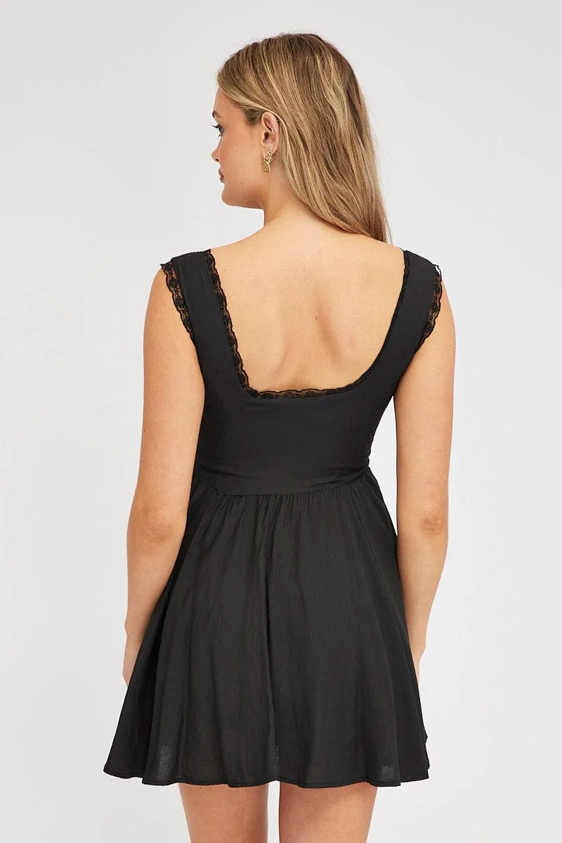 Black Fit and Flare Dress Sleeveless Lace Trim