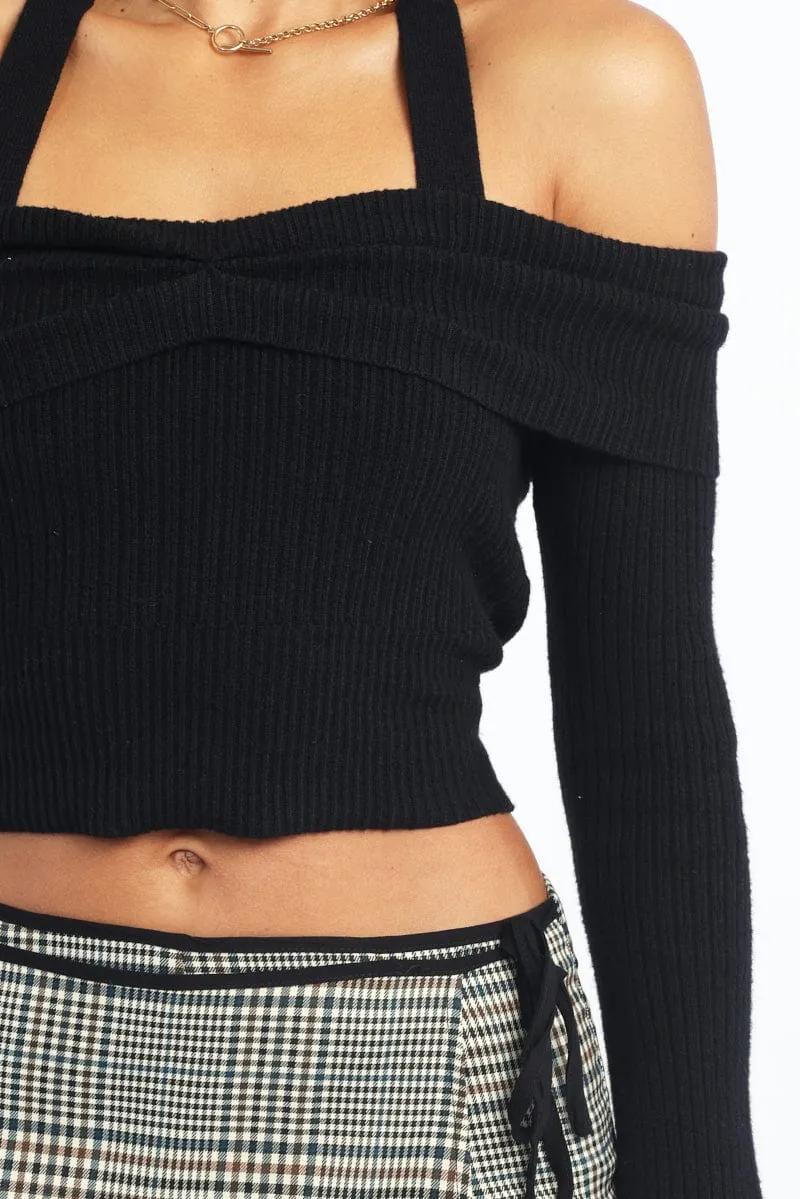 Black Knit Top Long Sleeve Off Shoulder Halter