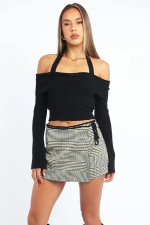 Black Knit Top Long Sleeve Off Shoulder Halter