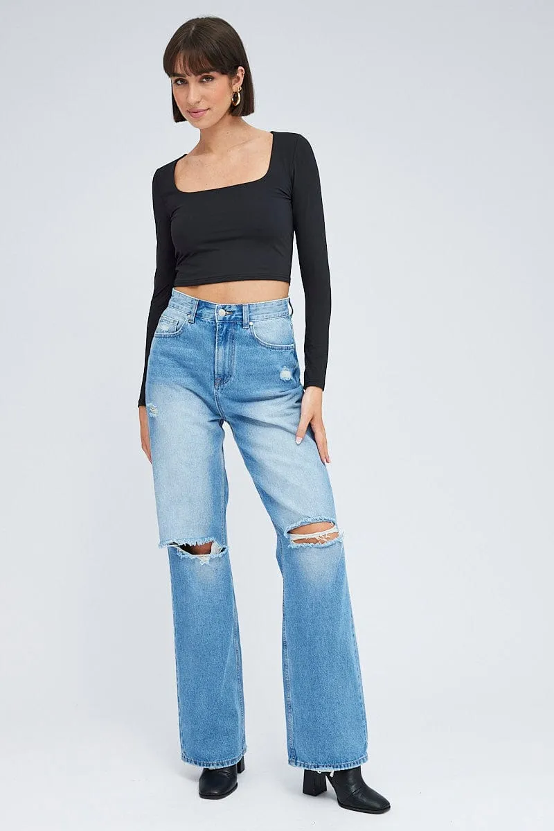 Black Top Long Sleeve Square Neck