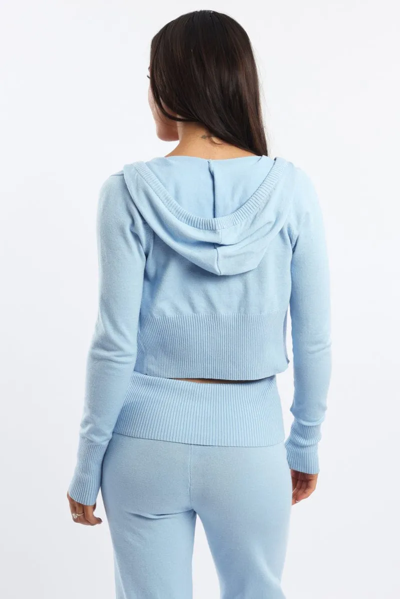 Blue Hooded Knit Cardigan