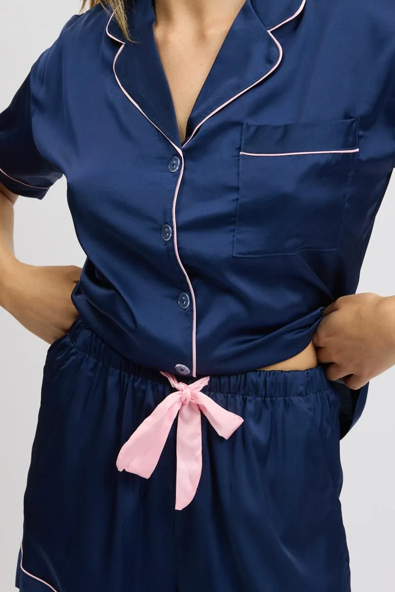 Blue Satin Pajamas Set Short Sleeve