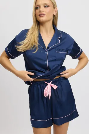 Blue Satin Pajamas Set Short Sleeve
