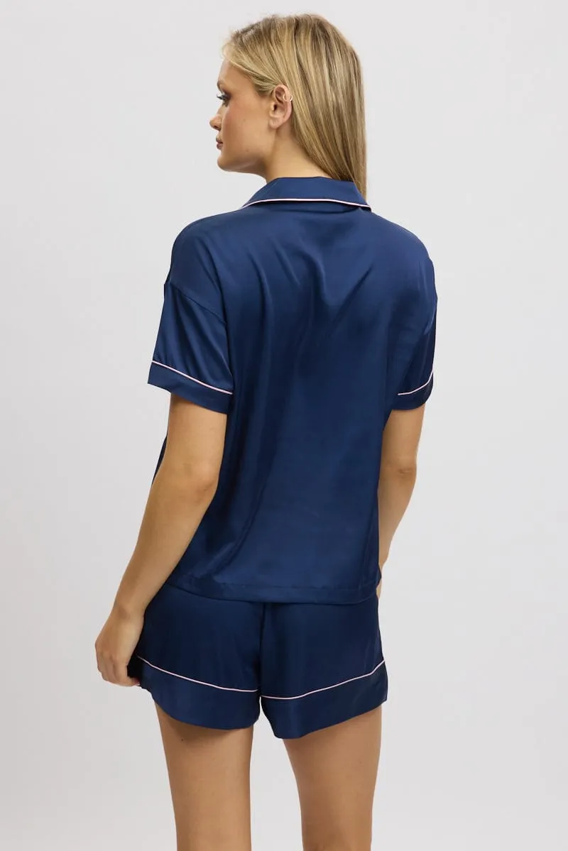 Blue Satin Pajamas Set Short Sleeve