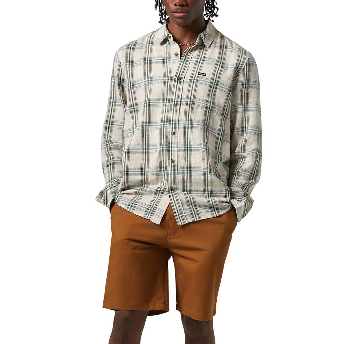Brixton Charter Linen Blend Long Sleeve Shirt - Off White/Ivy Green Plaid
