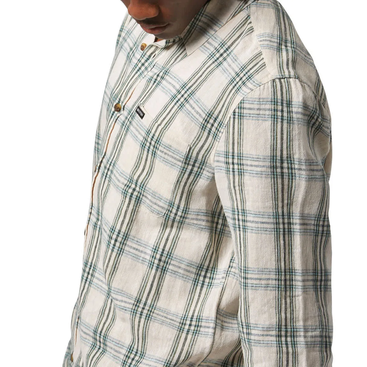 Brixton Charter Linen Blend Long Sleeve Shirt - Off White/Ivy Green Plaid