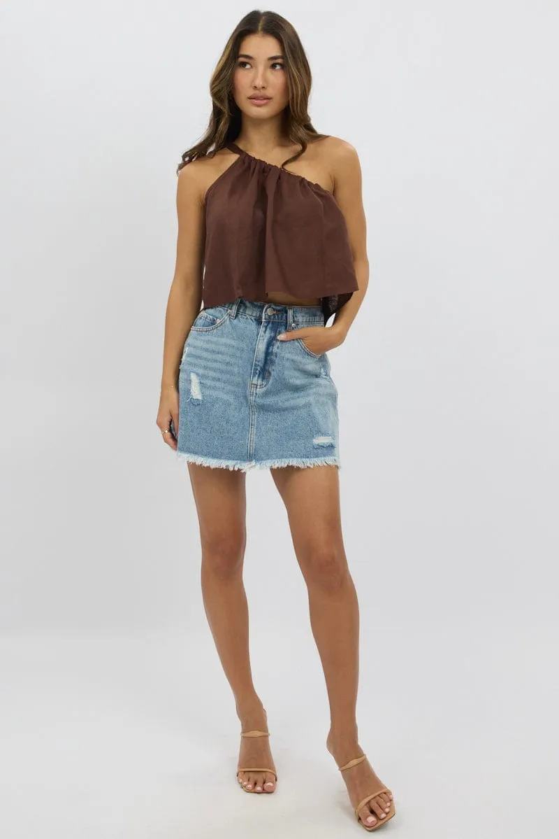 Brown One Shoulder Top Linen Blend