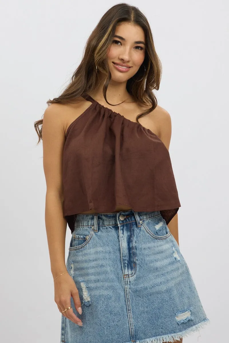 Brown One Shoulder Top Linen Blend