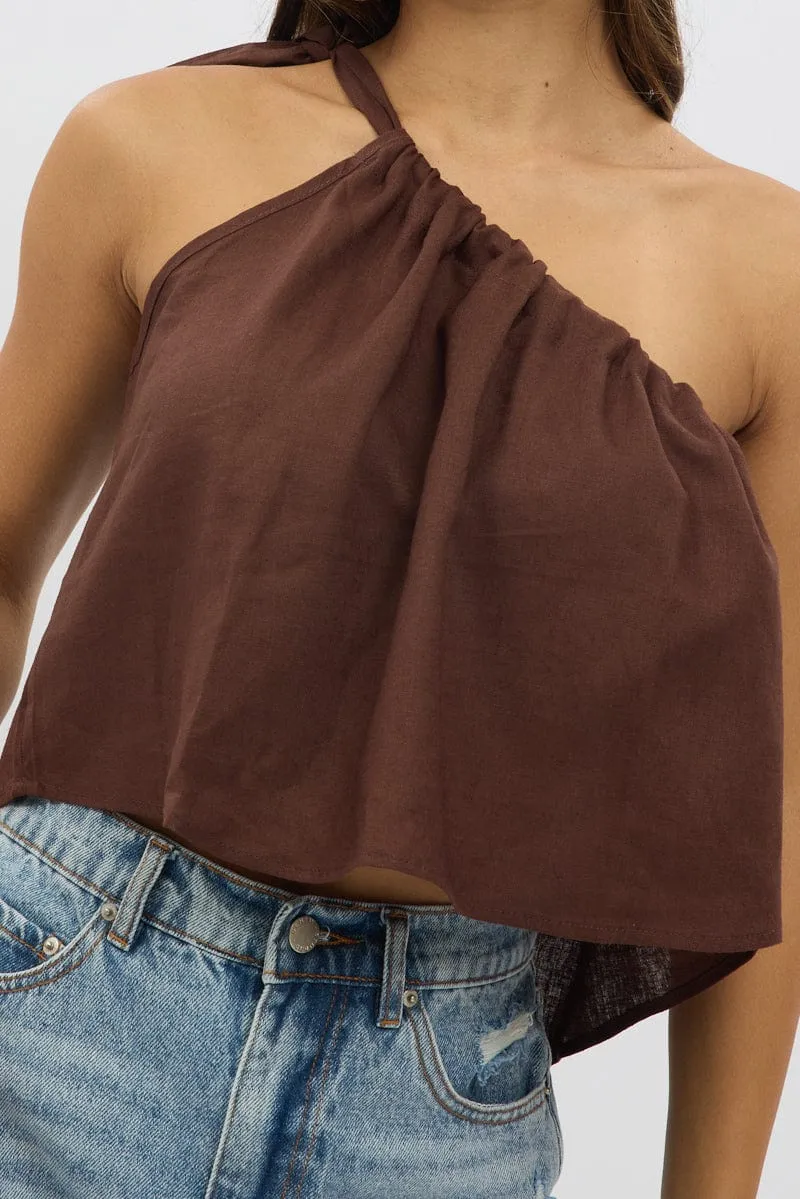 Brown One Shoulder Top Linen Blend
