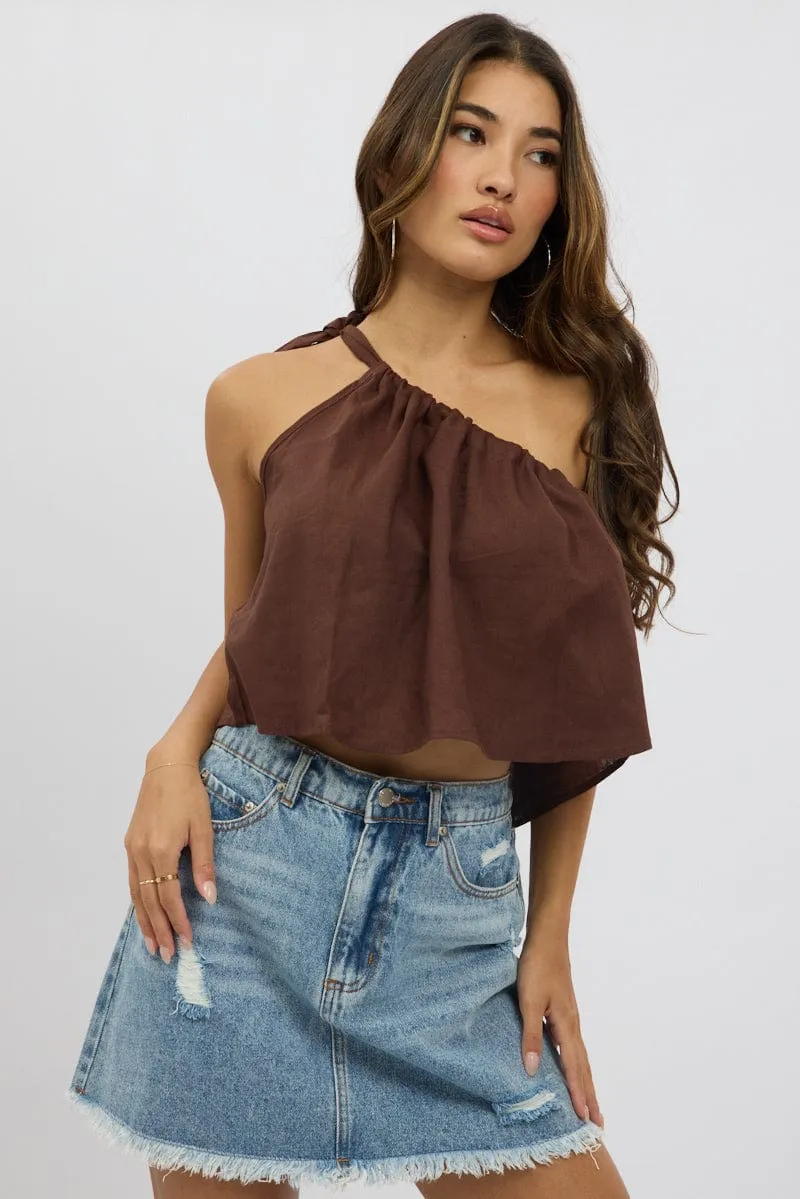 Brown One Shoulder Top Linen Blend