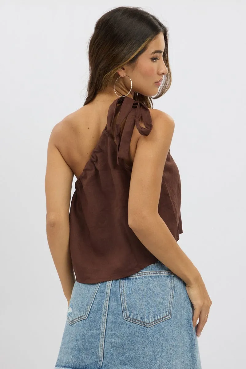 Brown One Shoulder Top Linen Blend