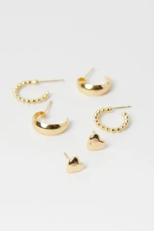Gold 3 Pack Heart and Hoop Earrings