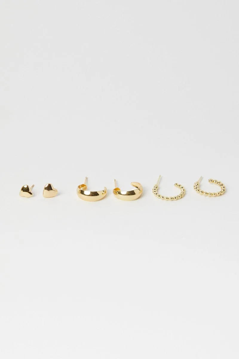Gold 3 Pack Heart and Hoop Earrings