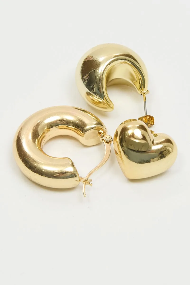 Gold 3 Pack Heart and Hoop Earrings