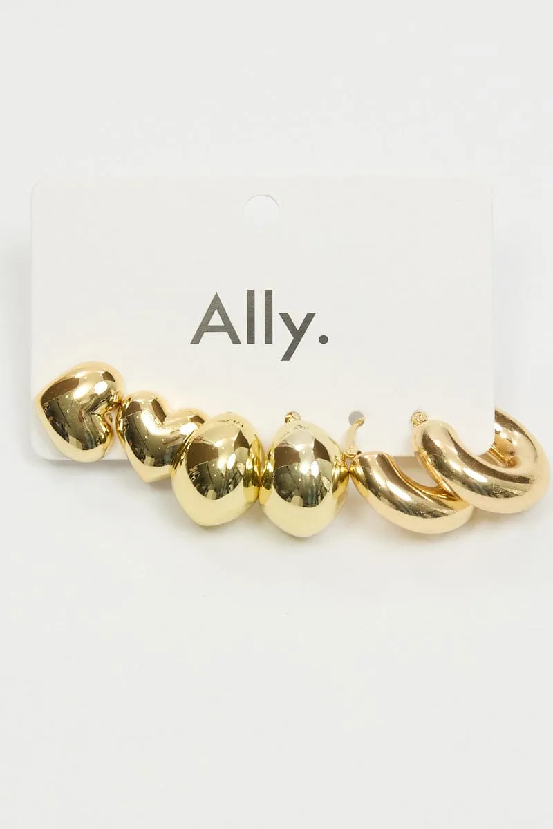Gold 3 Pack Heart and Hoop Earrings