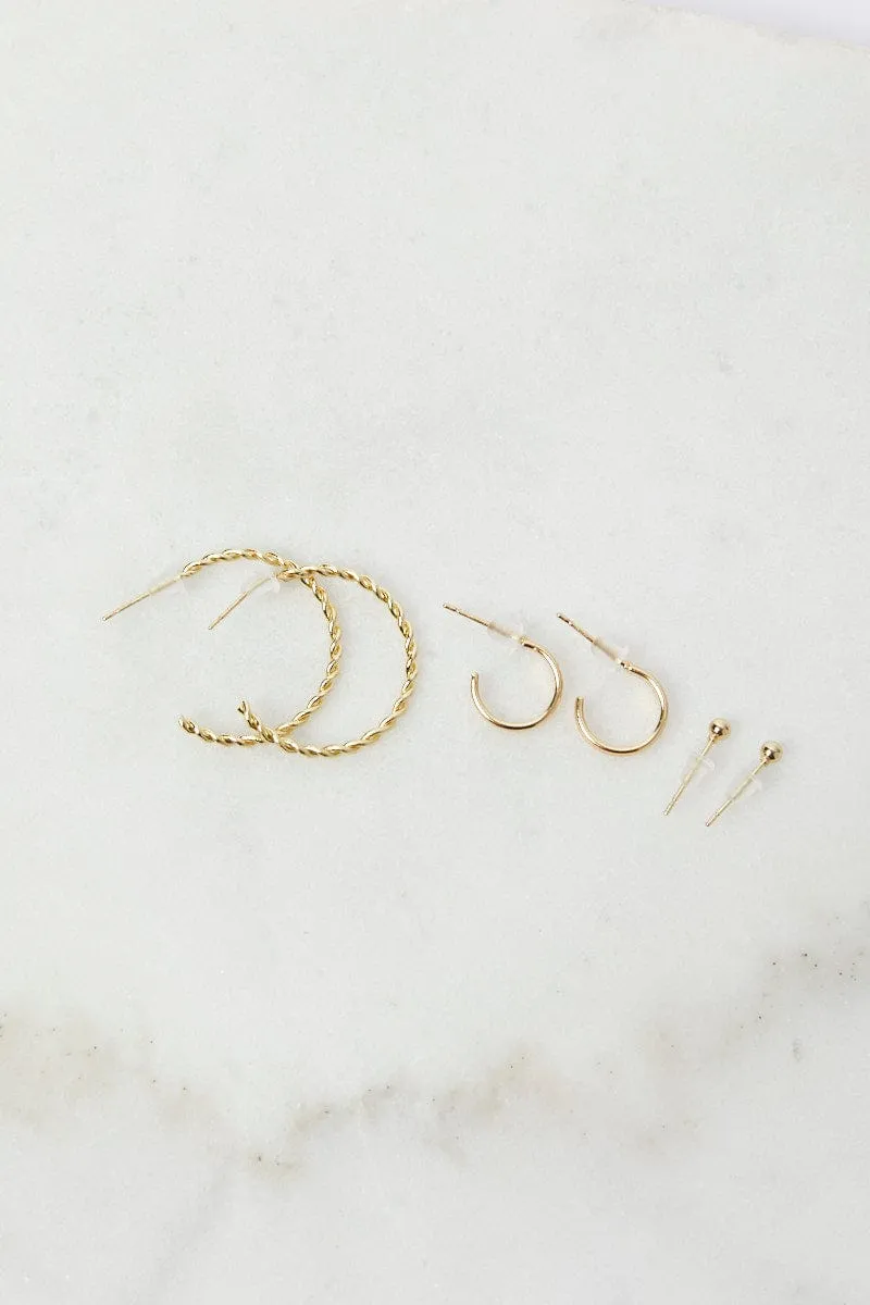 Gold 3 pack Hoop and Ball Earrings