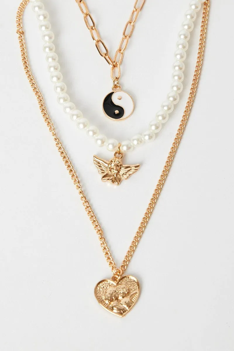 Gold 3 Pack Pendent Necklaces Angel Heart Yin yang