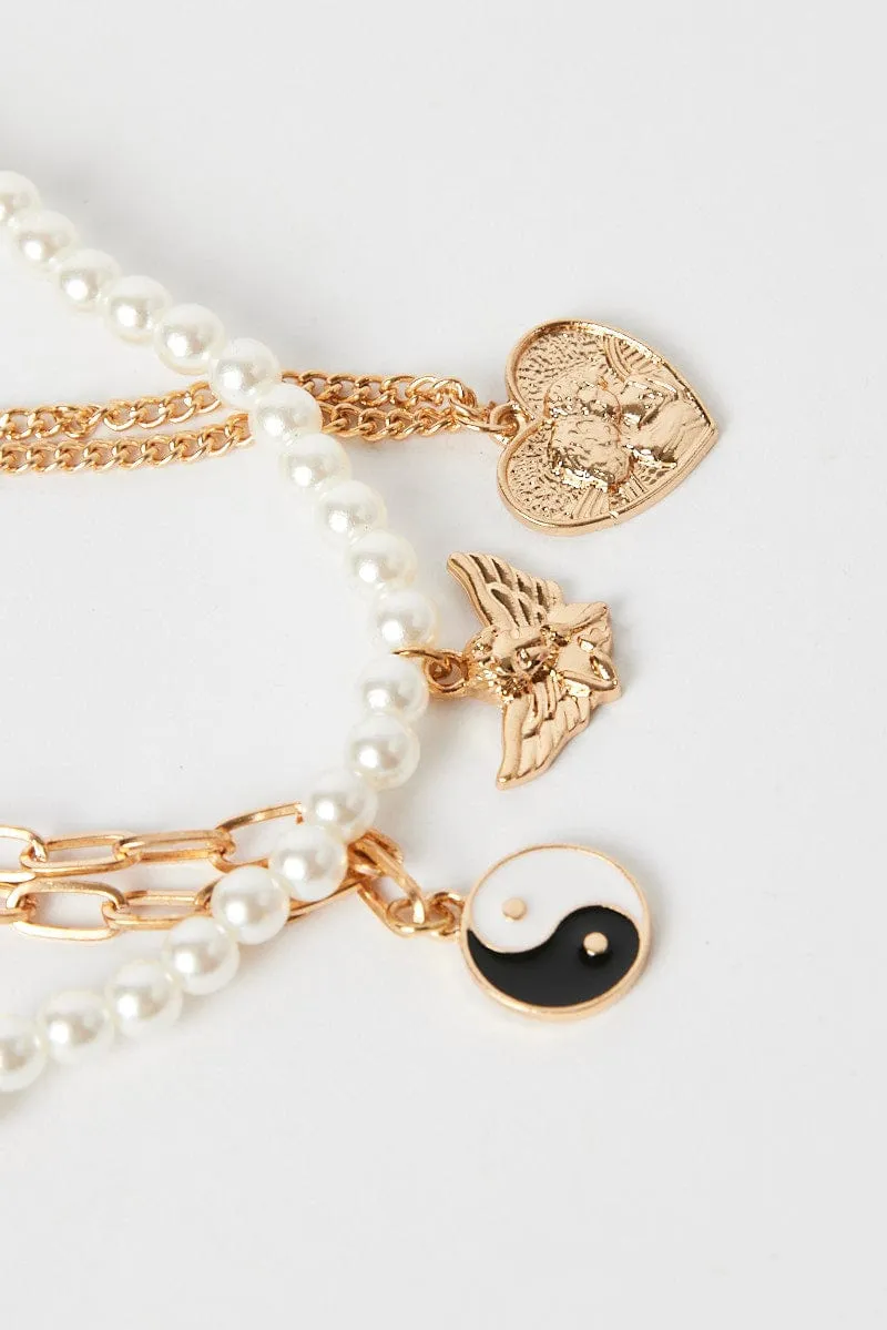 Gold 3 Pack Pendent Necklaces Angel Heart Yin yang
