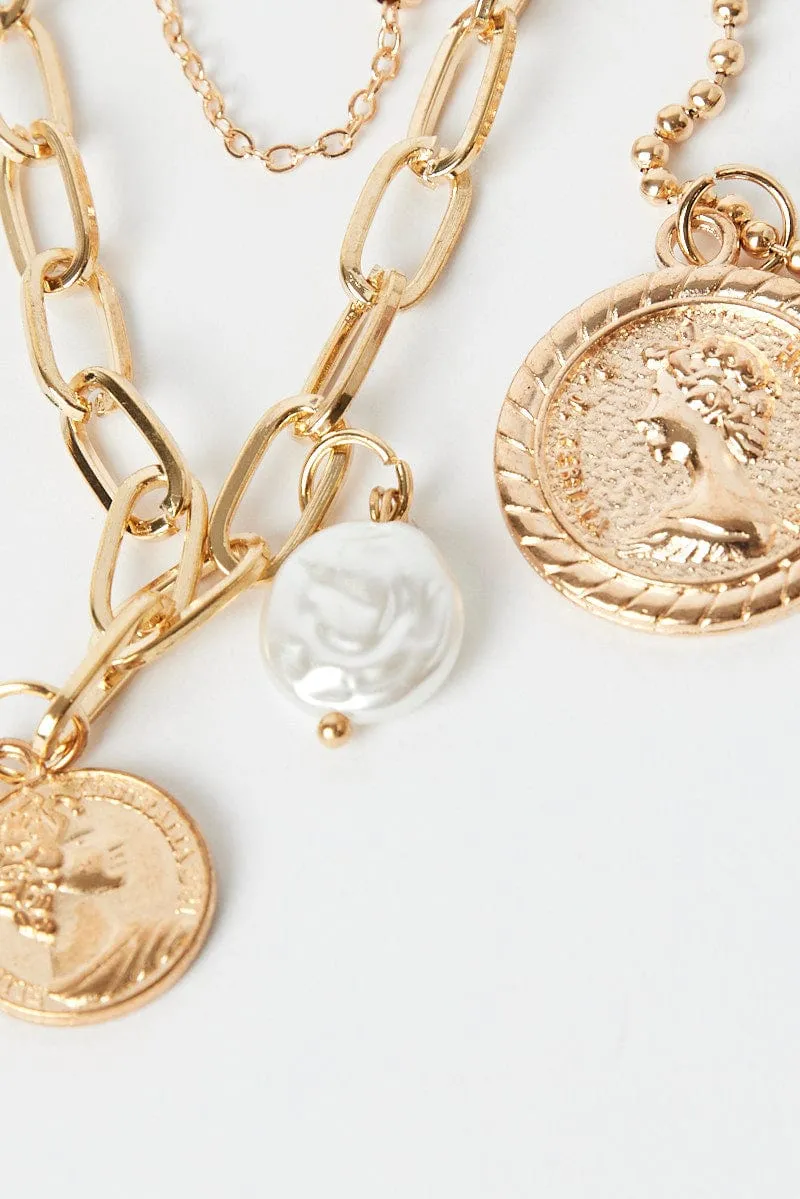 Gold Coin Pendent Layered Necklace