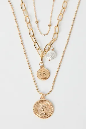 Gold Coin Pendent Layered Necklace