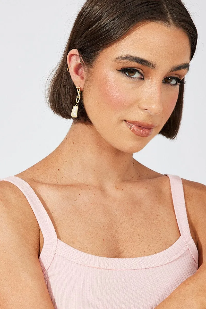 Gold Square Faux Pearl Earrings