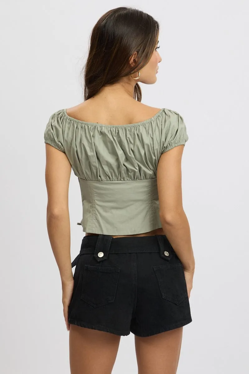Green Crop Top Short Sleeve Ruched Button Front
