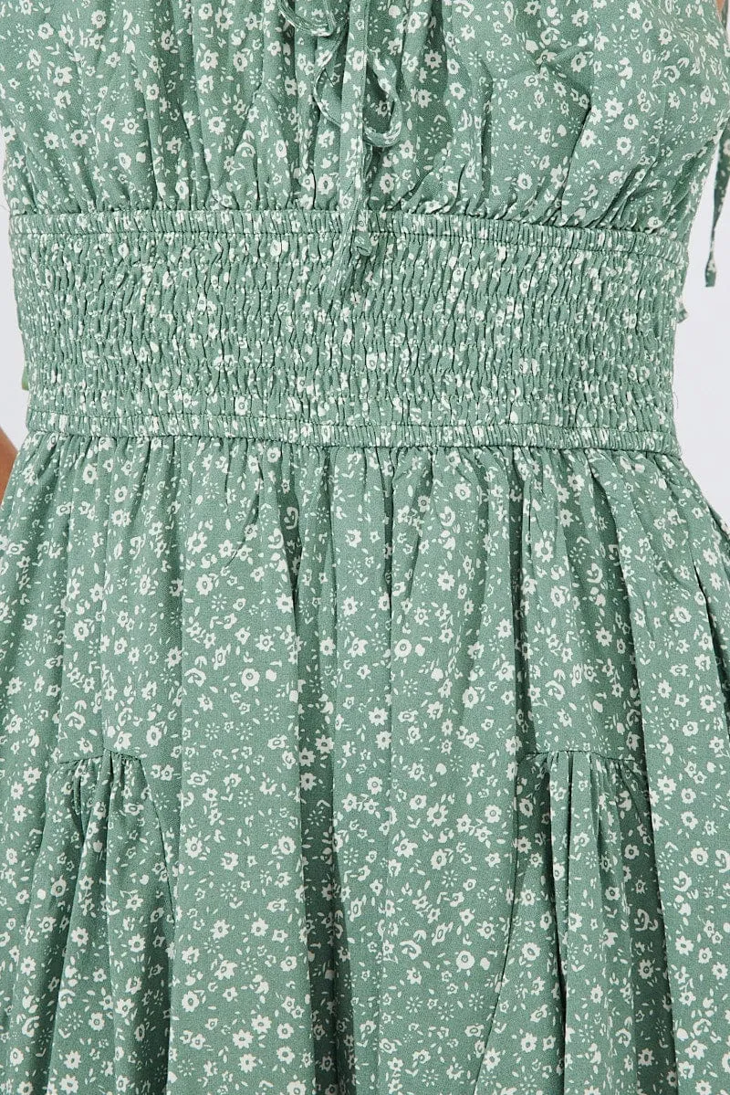 Green Ditsy Fit And Flare Playsuit Gathered Bust Sleeveless
