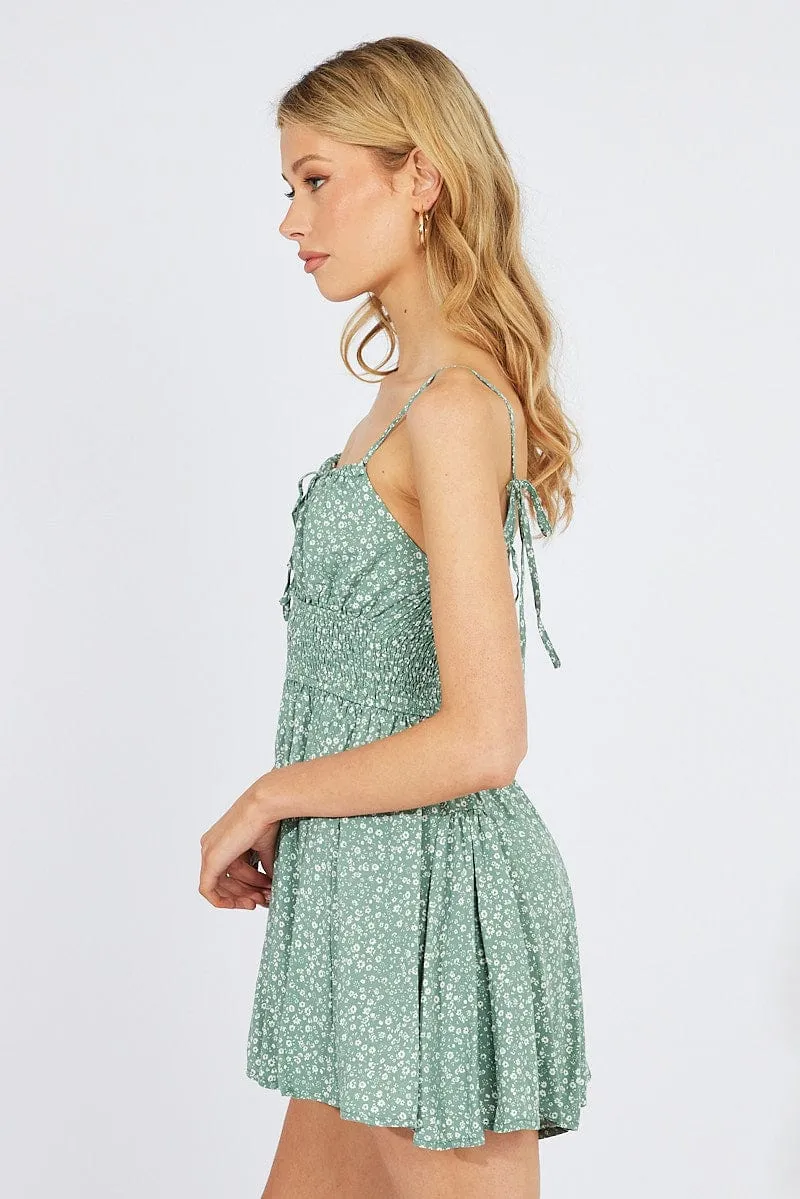 Green Ditsy Fit And Flare Playsuit Gathered Bust Sleeveless
