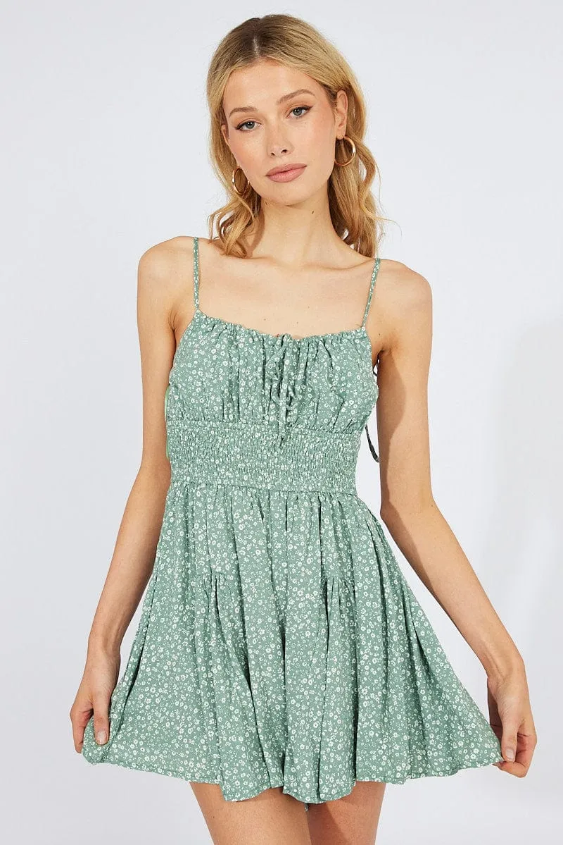 Green Ditsy Fit And Flare Playsuit Gathered Bust Sleeveless