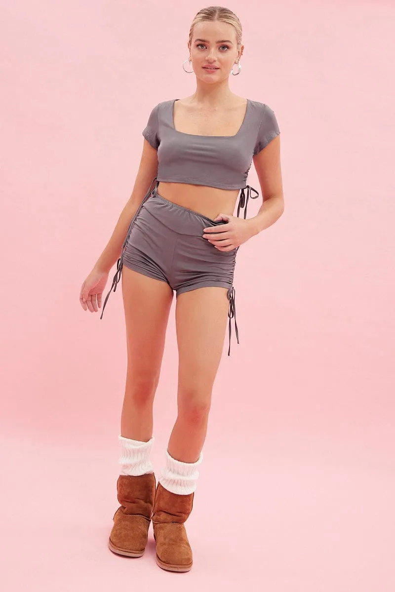 Grey Crop Top Ruched Loungewear Set