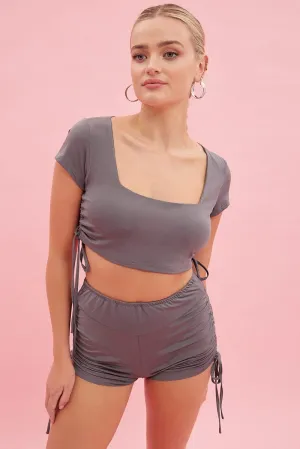 Grey Crop Top Ruched Loungewear Set