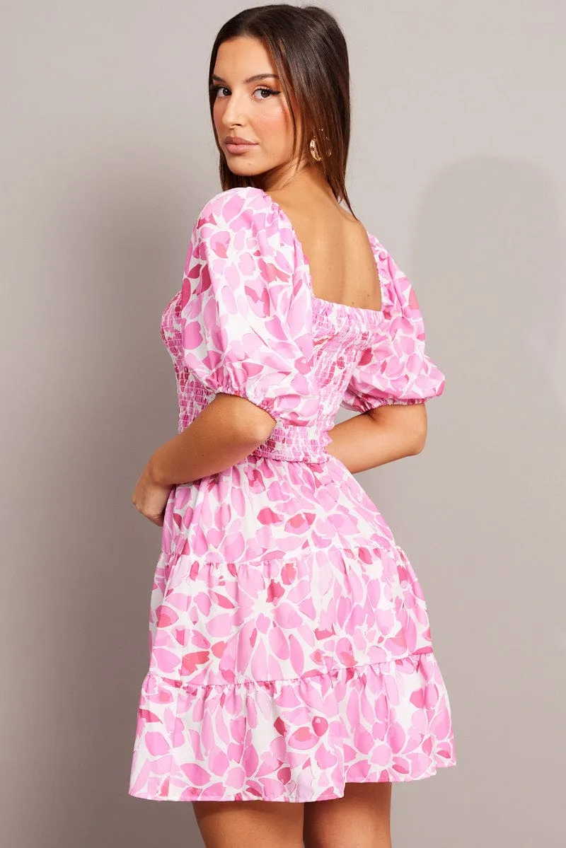 Pink Floral Fit And Flare Dress Puff Sleeve