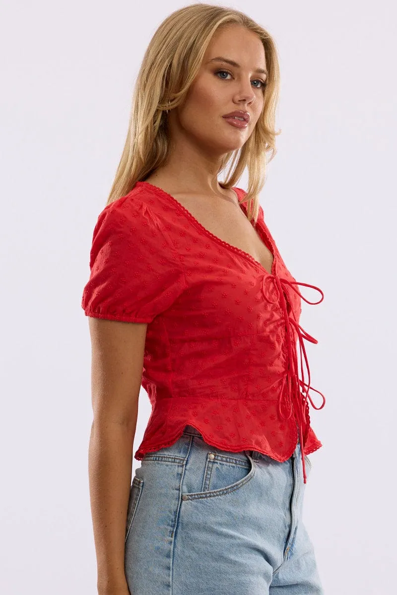 Red Tie Up Top Short Sleeve Eyelet