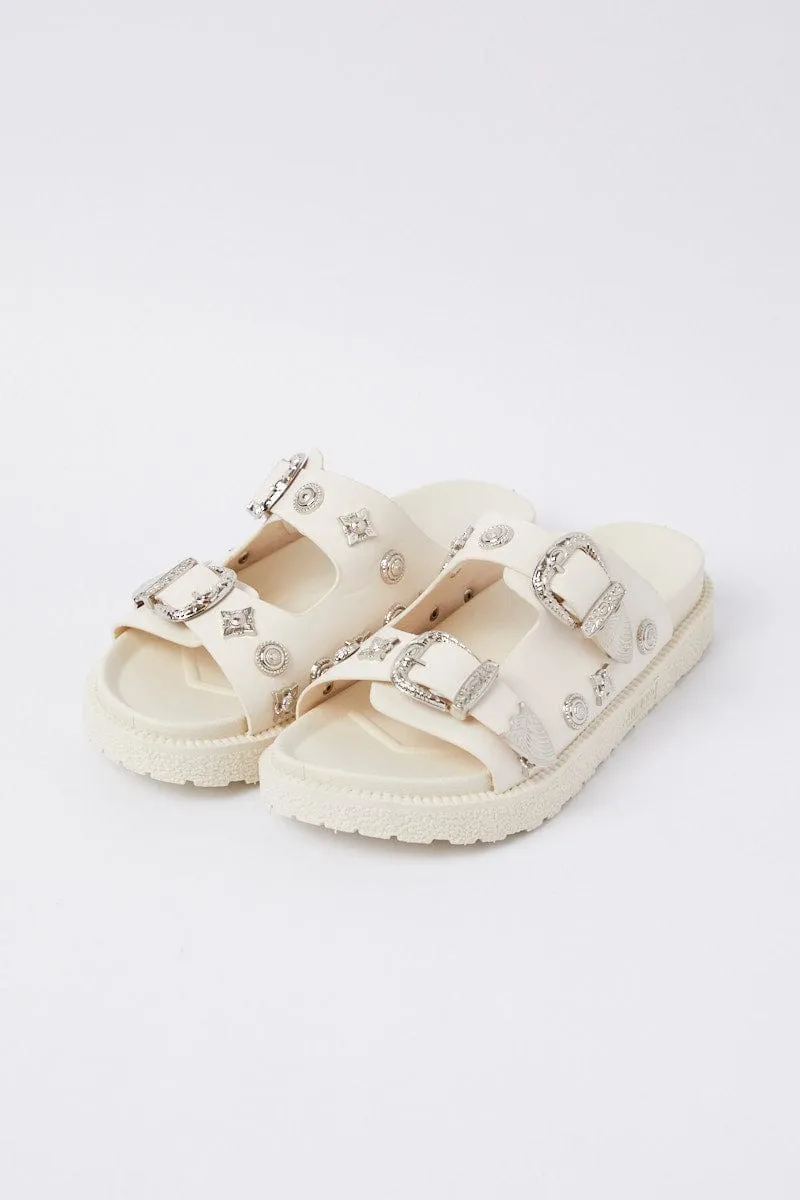 White Buckle Studded Western Footbed Sandal