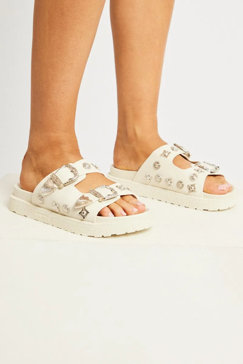 White Buckle Studded Western Footbed Sandal