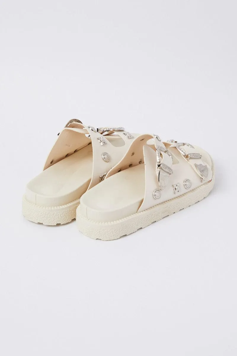 White Buckle Studded Western Footbed Sandal