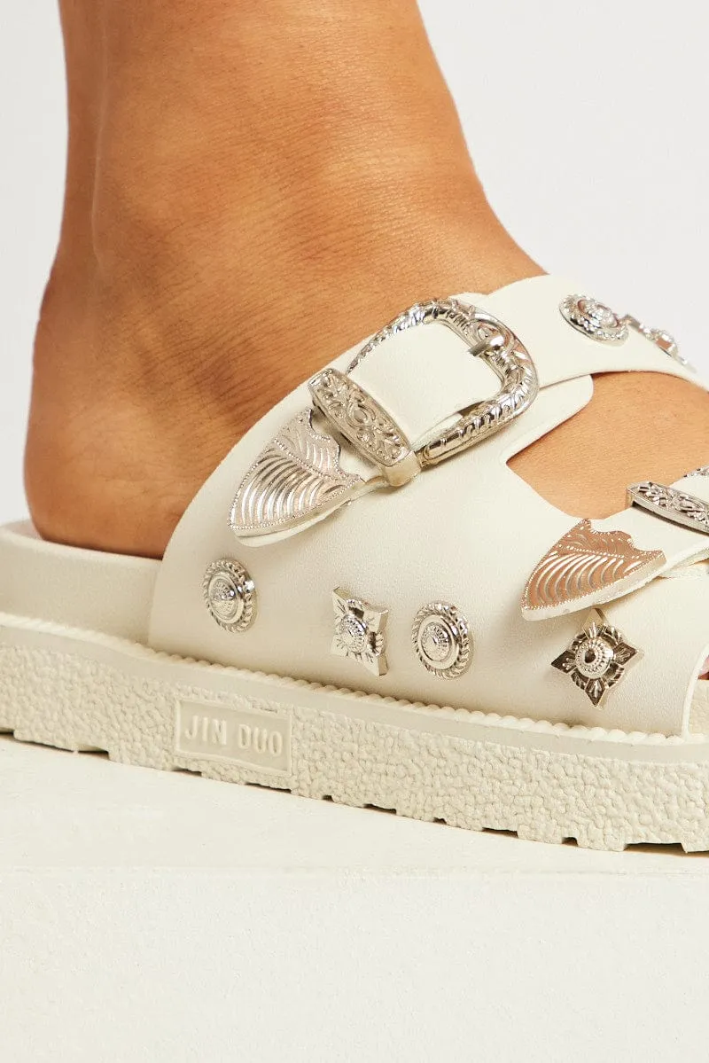 White Buckle Studded Western Footbed Sandal