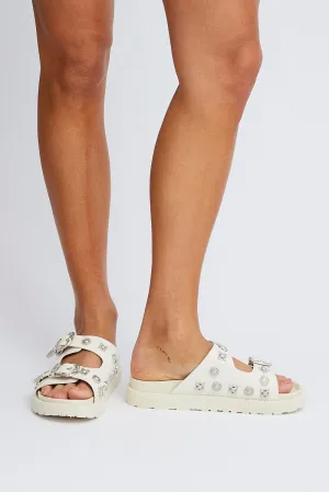 White Buckle Studded Western Footbed Sandal