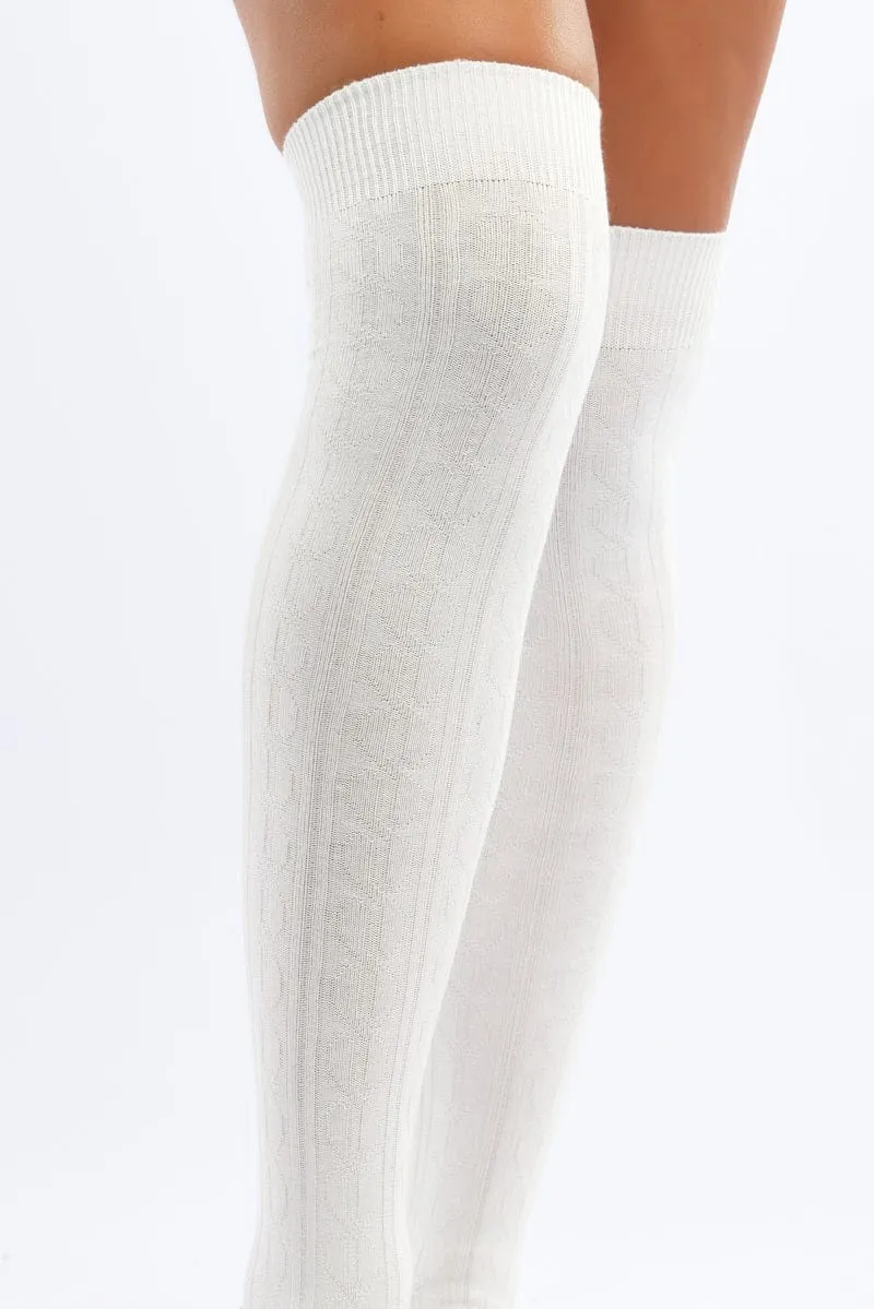 White Cable Knit Over Knee Socks